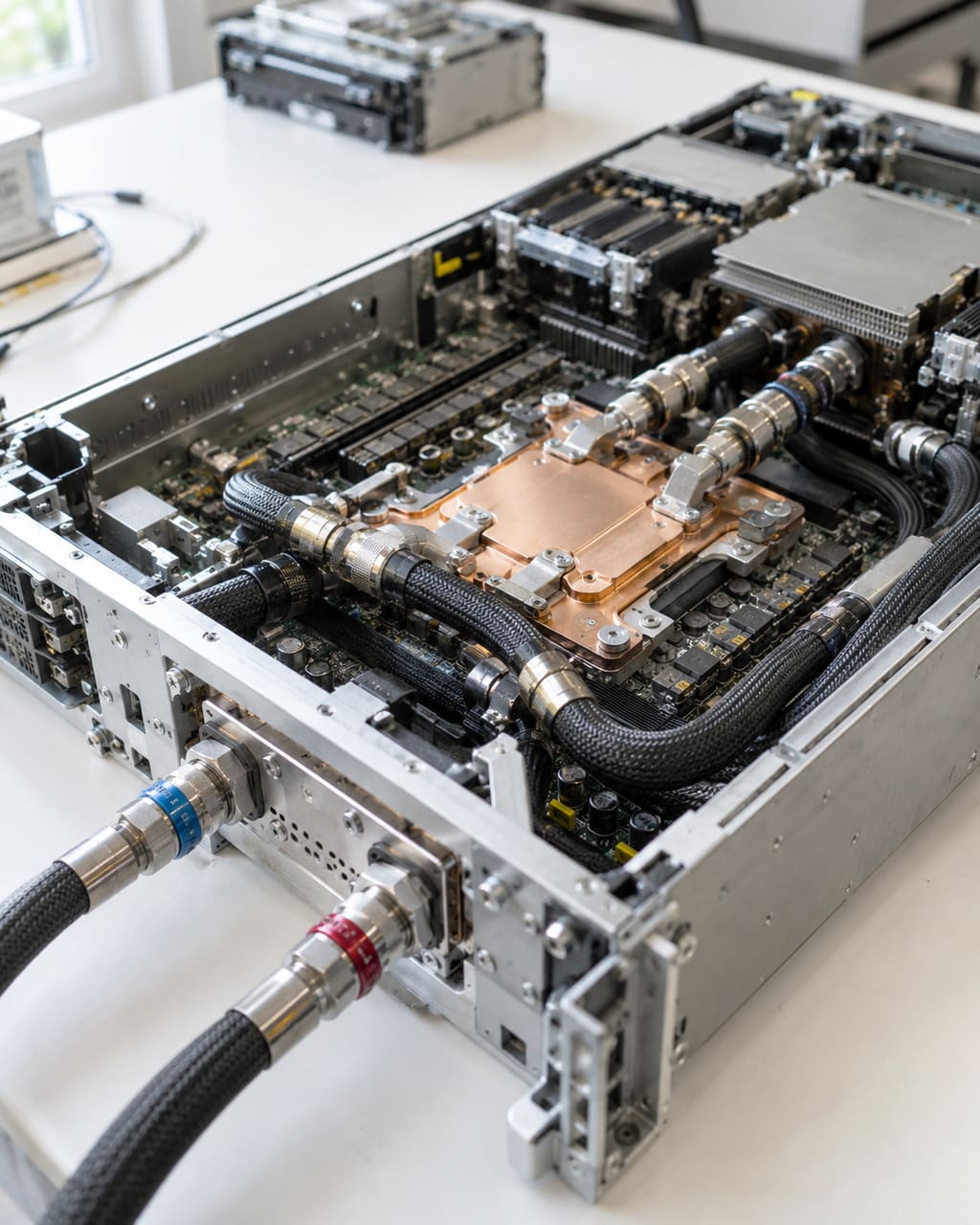 Illustration: a liquid-cooling cold plate on a server board