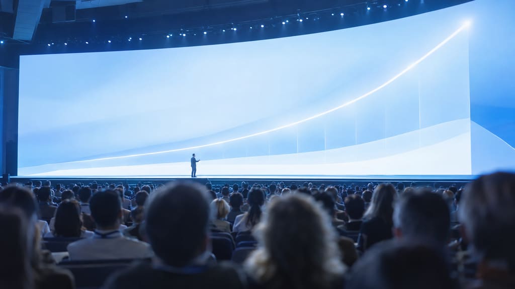 Illustration: a keynote stage whose screen shows AI token demand rising from 32 billion in 2026 to 1.3 trillion in 2030, a 40× increase