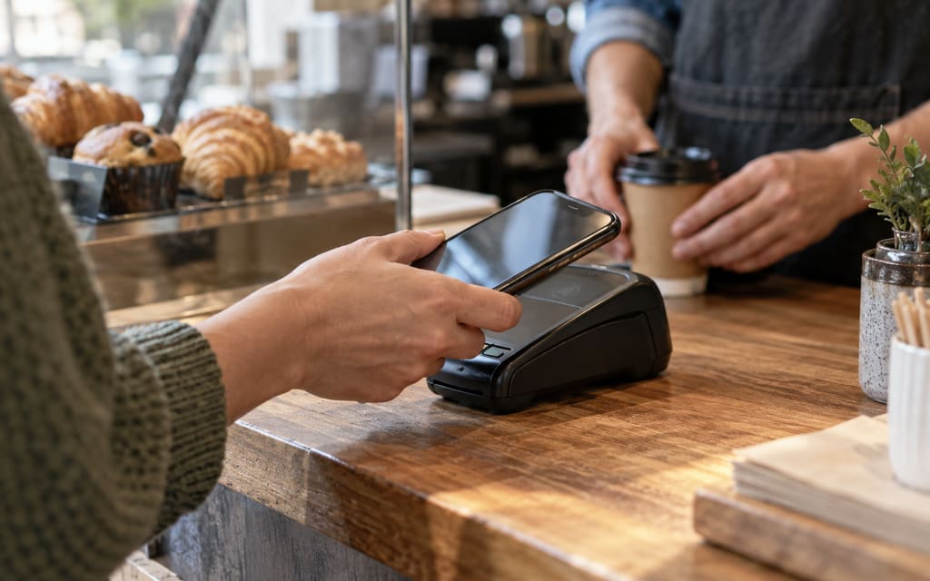 Illustration: a customer paying by phone at a café counter
